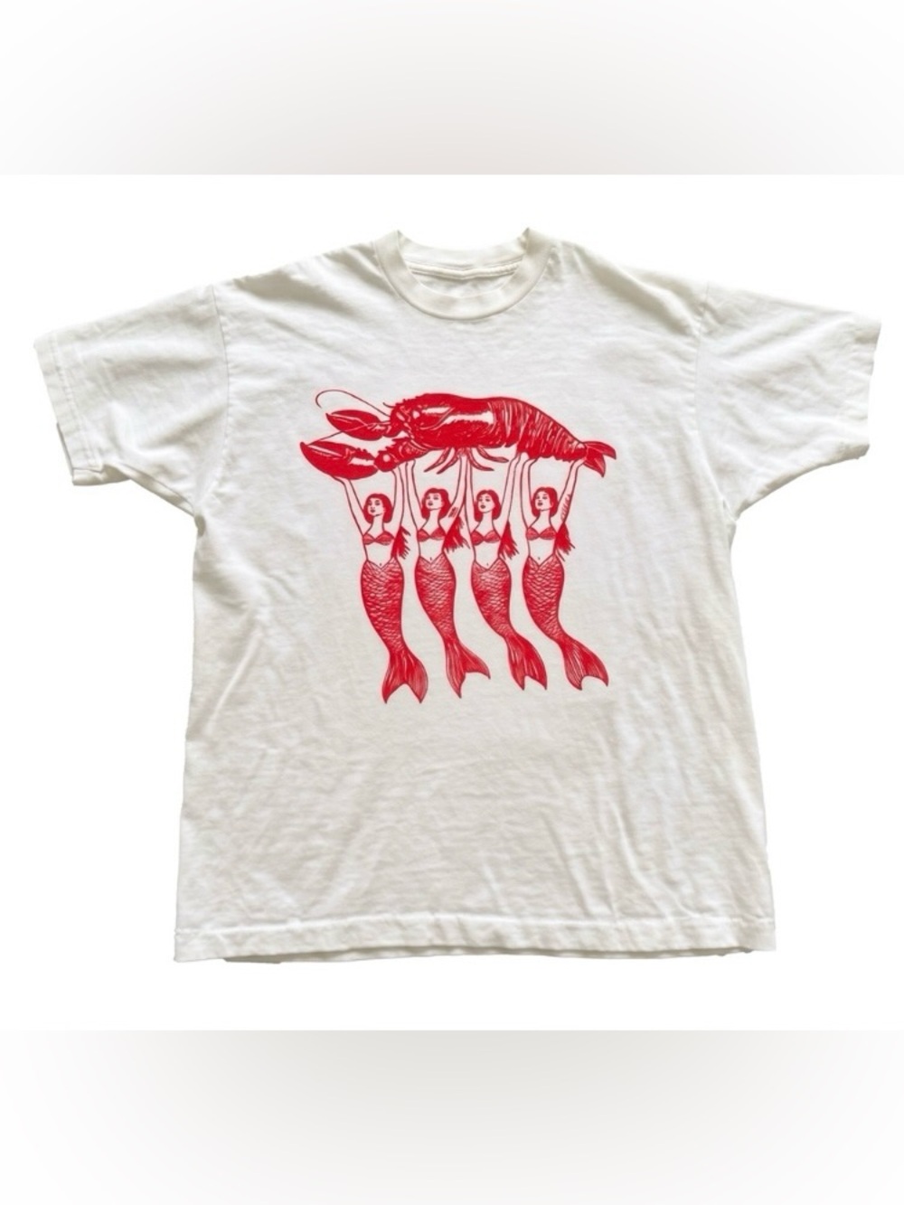 Gildan White Tee with Red Mermaid and Lobster Print